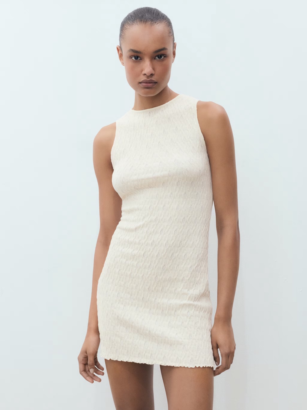 Mango Cream Fitted Textured Knitted Dress Nwt